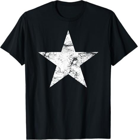 Black t-shirt with a white star design on a plain background