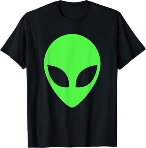 Black t-shirt with a green alien head graphic on a white background
