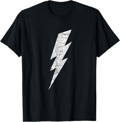 Black t-shirt with a white lightning bolt design on a white background