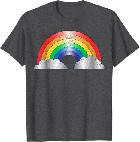 Dark gray t-shirt with a colorful rainbow design on a white background