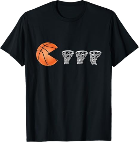 Black t-shirt with a basketball and three hoop graphics on a white background