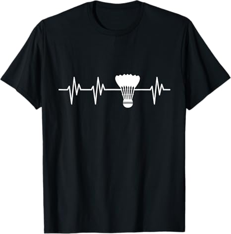 Black t-shirt with a white badminton shuttlecock and heartbeat line design on a white background