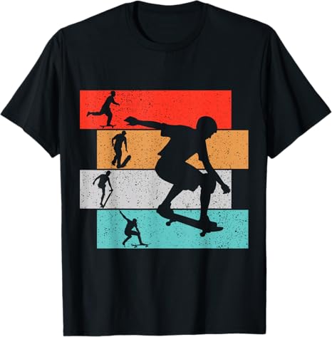 Black t-shirt with colorful graphic of a skateboarder on a white background