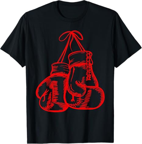 Black t-shirt with red boxing gloves graphic on a white background